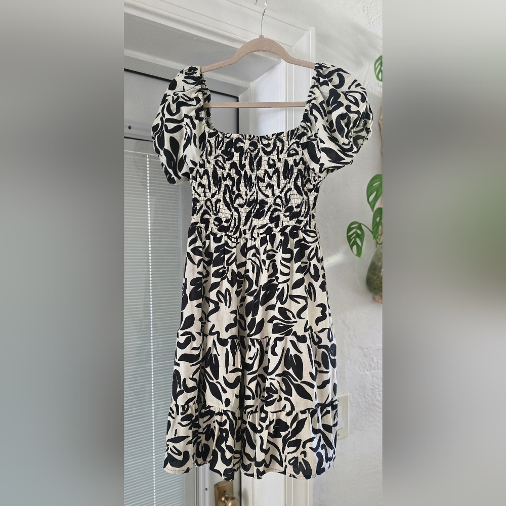 Black and Ivory Linen Cotton Floral Dress